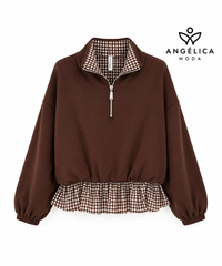 Conjunto de mujer marrón chocolate de algodón con sudadera de cuadros y pantalón ancho
