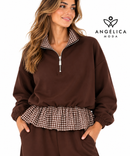 Conjunto de mujer marrón chocolate de algodón con sudadera de cuadros y pantalón ancho