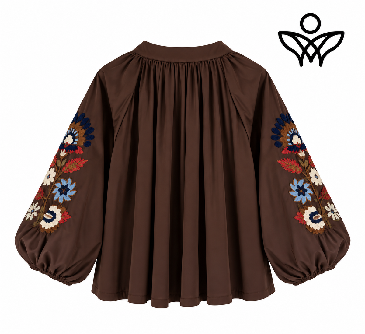 Camisa marrón chocolate con manga abullonada y bordados florales