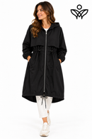 Trench gabardina negra con capucha, cintura ajustable y bolsillos