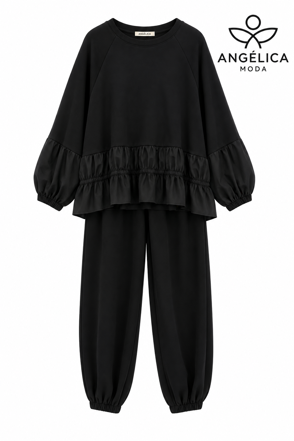 Conjunto de mujer negro de algodón con sudadera de volante y pantalón jogger
