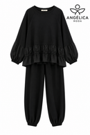 Conjunto de mujer negro de algodón con sudadera de volante y pantalón jogger
