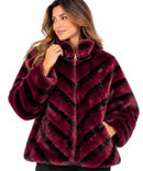 Chaqueta de pelo sintético burdeos y negro para mujer con cremallera
