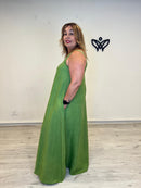 Vestido largo de lino verde con bolsillos