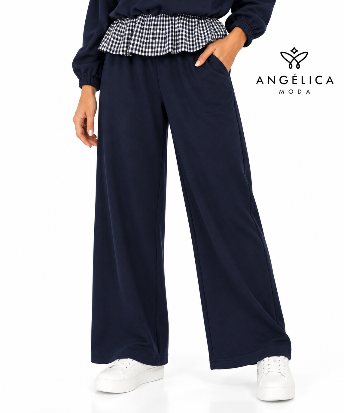 Conjunto de mujer azul marino de algodón con sudadera de cuadros y pantalón ancho