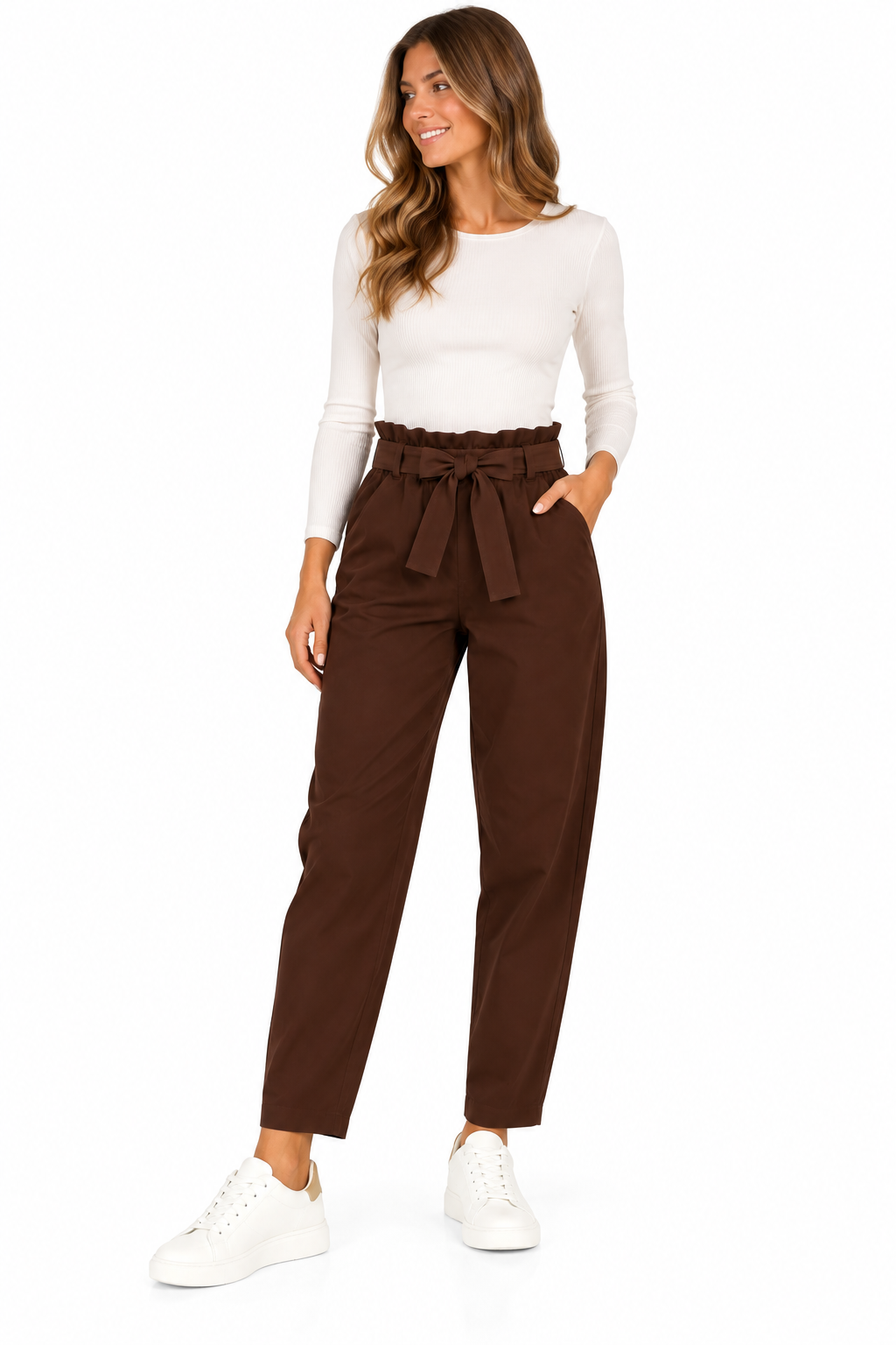Pantalón pitillo marrón chocolate de mujer con cintura elástica y cinturón de lazo