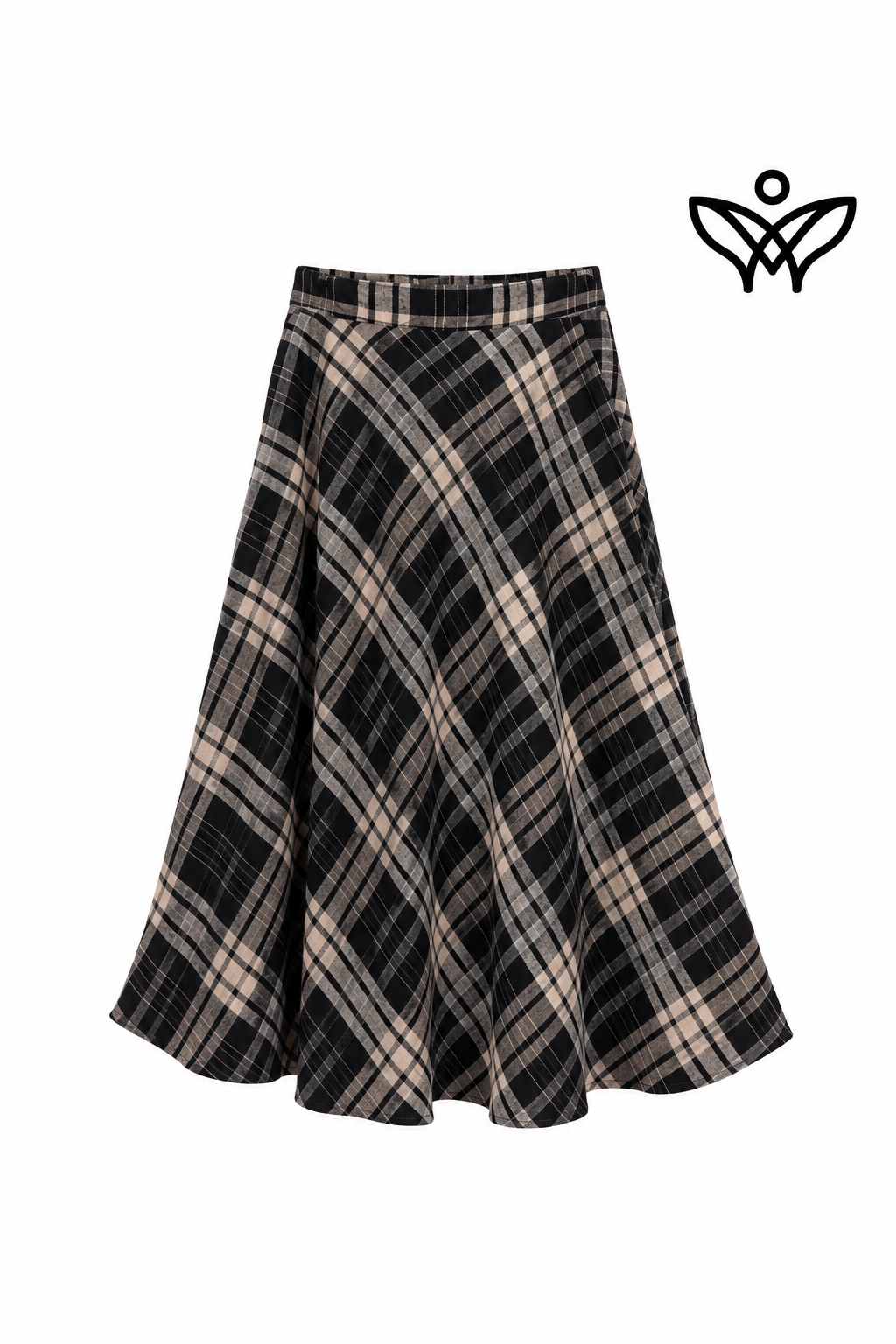 Falda midi de cuadros negros y beige de lana con bolsillos