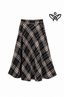 Falda midi de cuadros negros y beige de lana con bolsillos