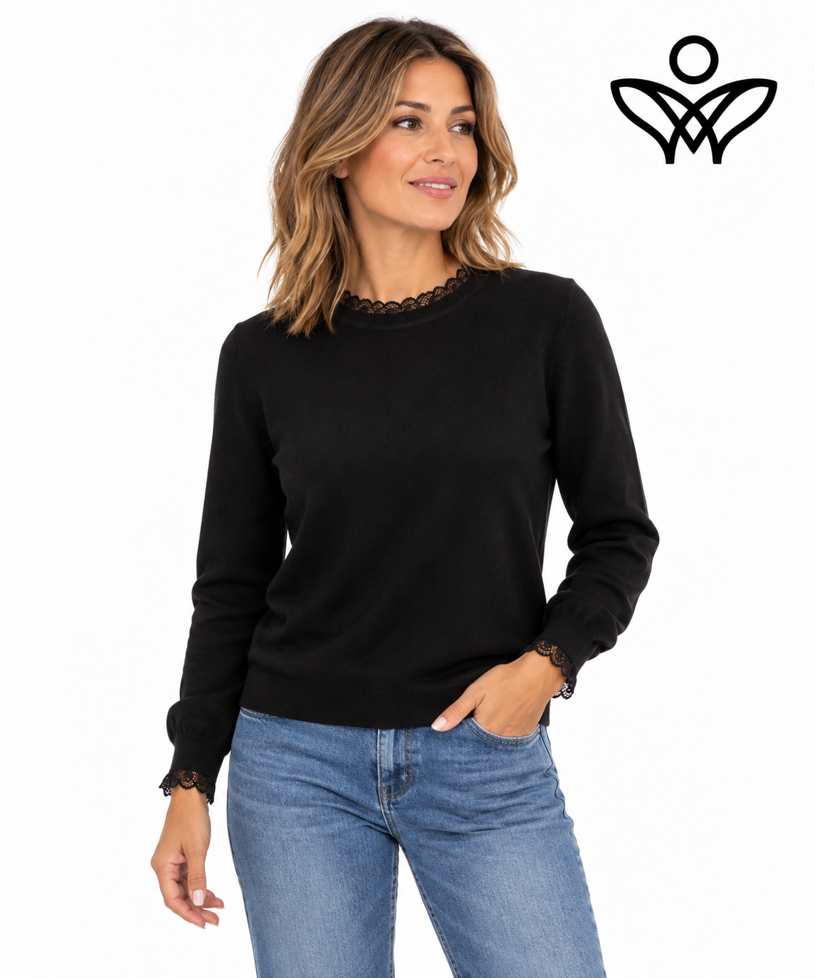 Jersey negro de punto suave con puntilla en cuello y puños