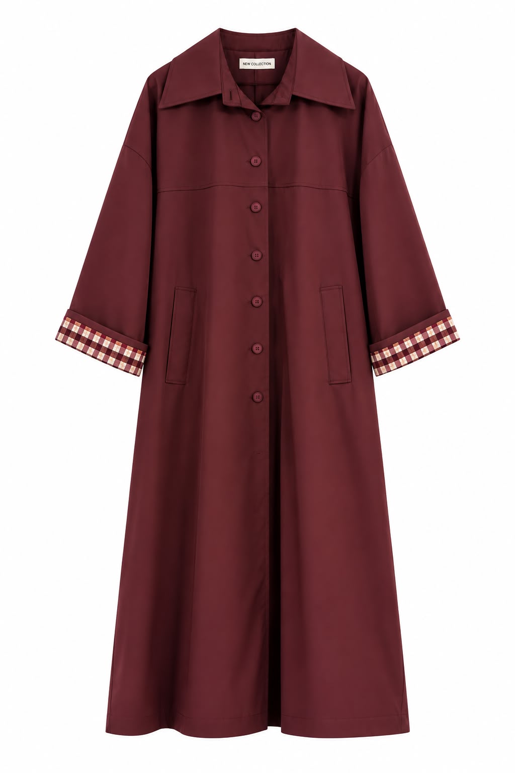 Trench gabardina oversize burdeos con detalle de cuadros