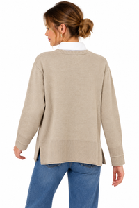 Jersey beige de punto con efecto camisa y bajo mas largo por detrás