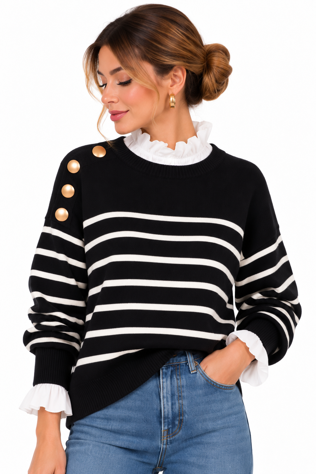 Jersey de rayas negras y blancas con efecto camisa y botones dorados