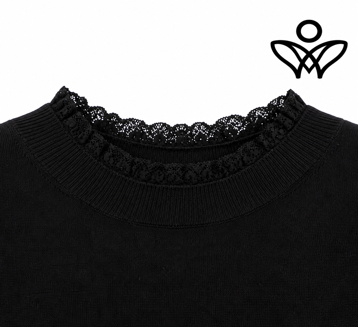 Jersey negro de punto suave con puntilla en cuello y puños