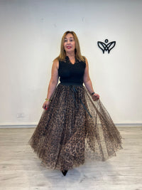 Falda midi de tul estampado animal print con lazo negro