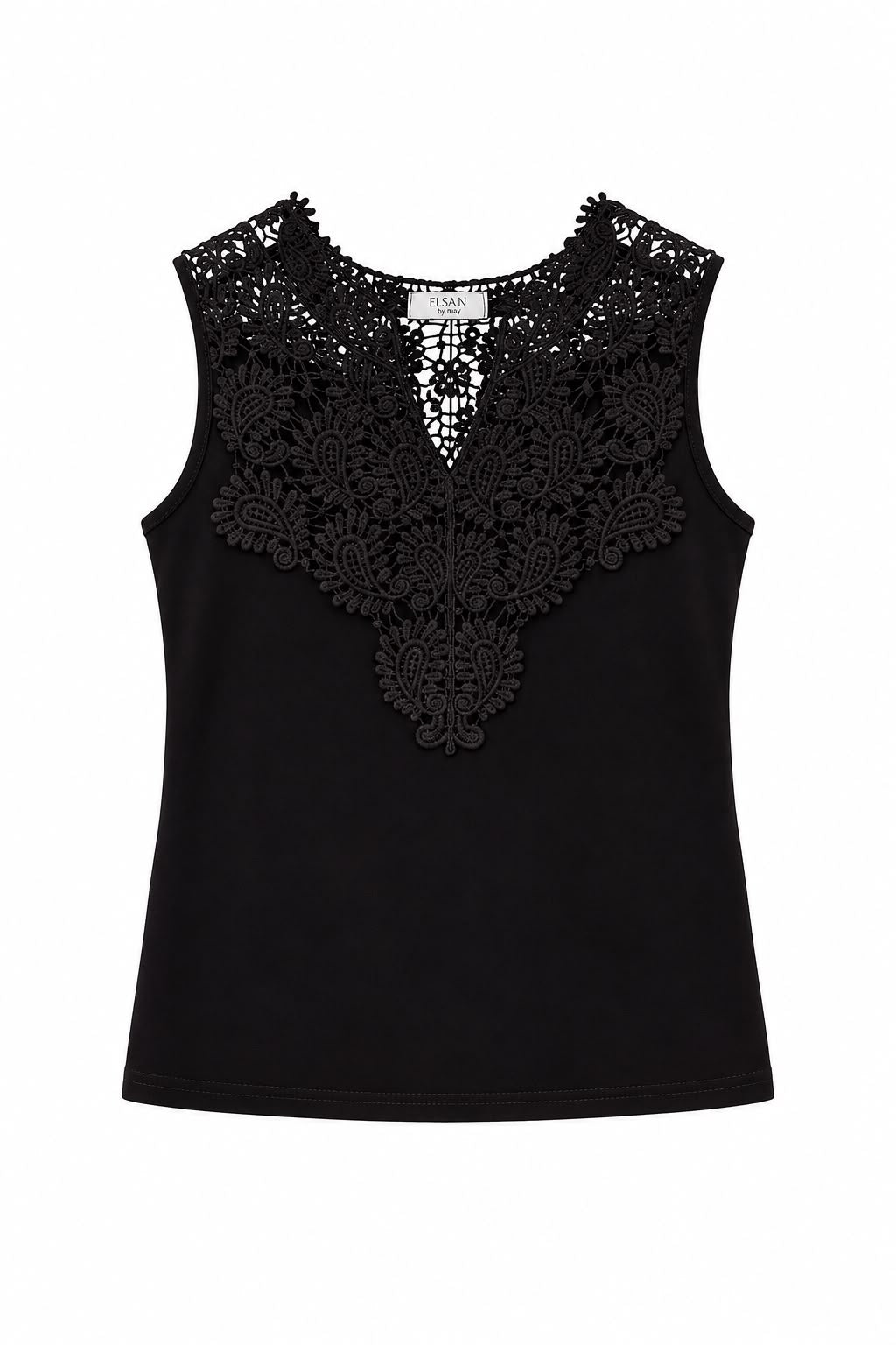 Camiseta negra con encaje floral en el escote