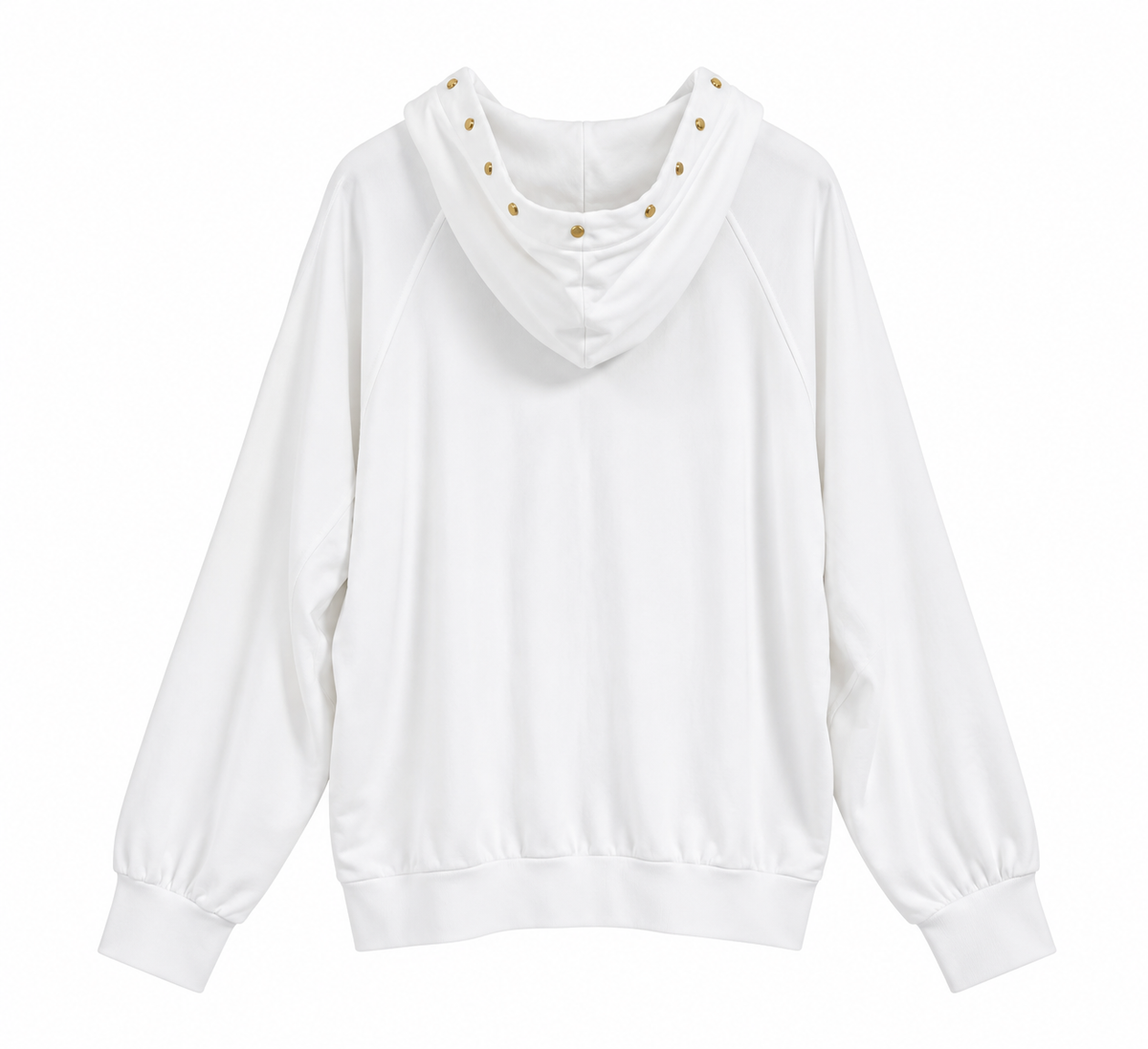 Sudadera de mujer blanca con capucha y tachuelas doradas