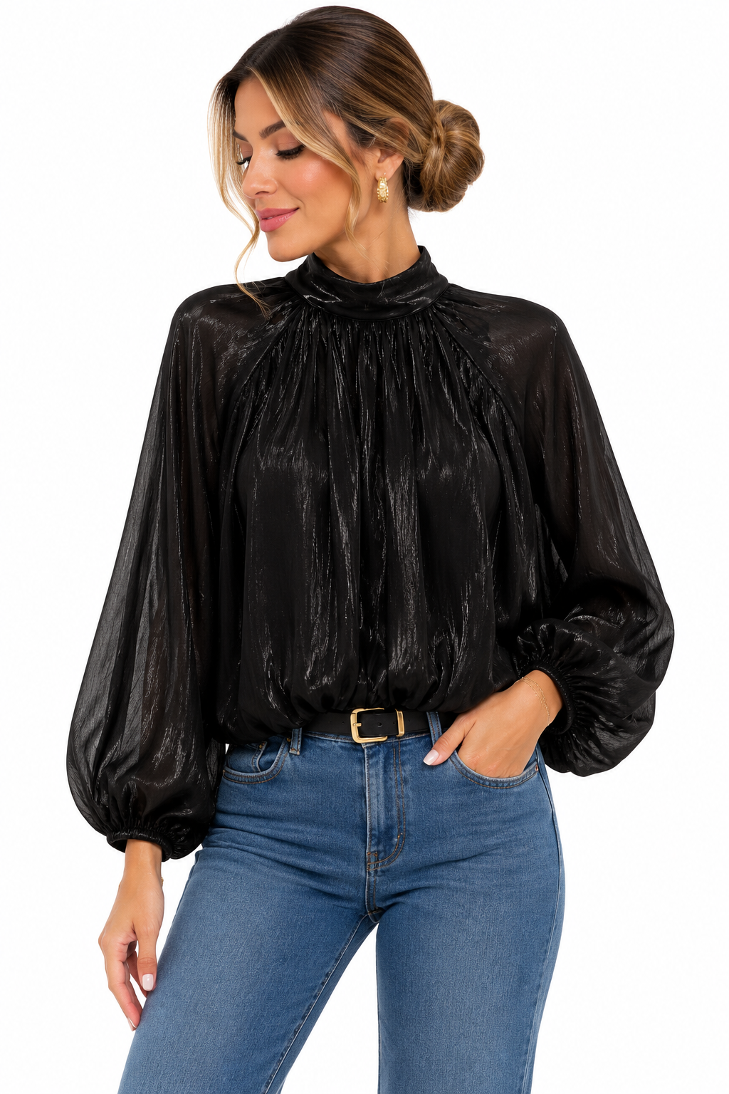 Blusa satinada negra de mujer con cuello perkins y manga abullonada