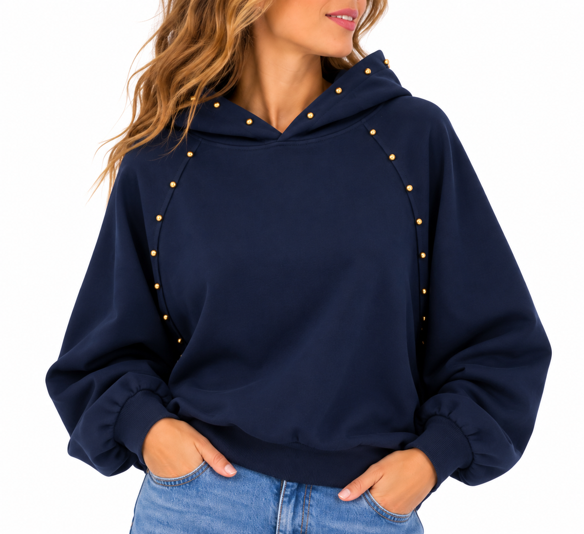Sudadera de mujer azul marino con capucha y tachuelas doradas