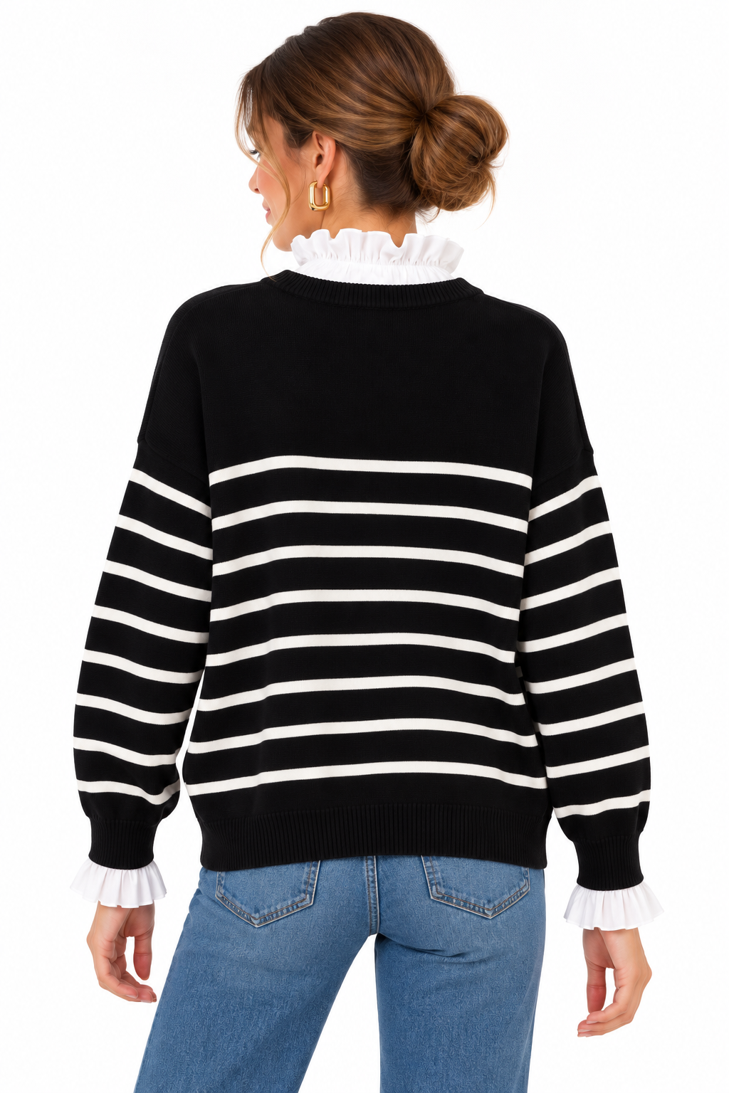 Jersey de rayas negras y blancas con efecto camisa y botones dorados