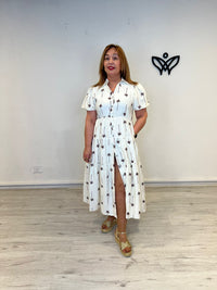 Vestido corte midi efecto lino en beige con palmeras
