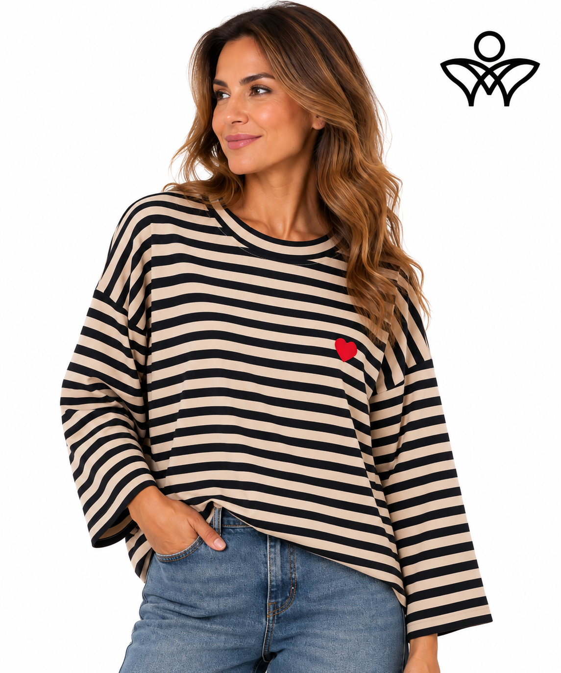 Sudadera de rayas beige y negras de mujer con corazón rojo