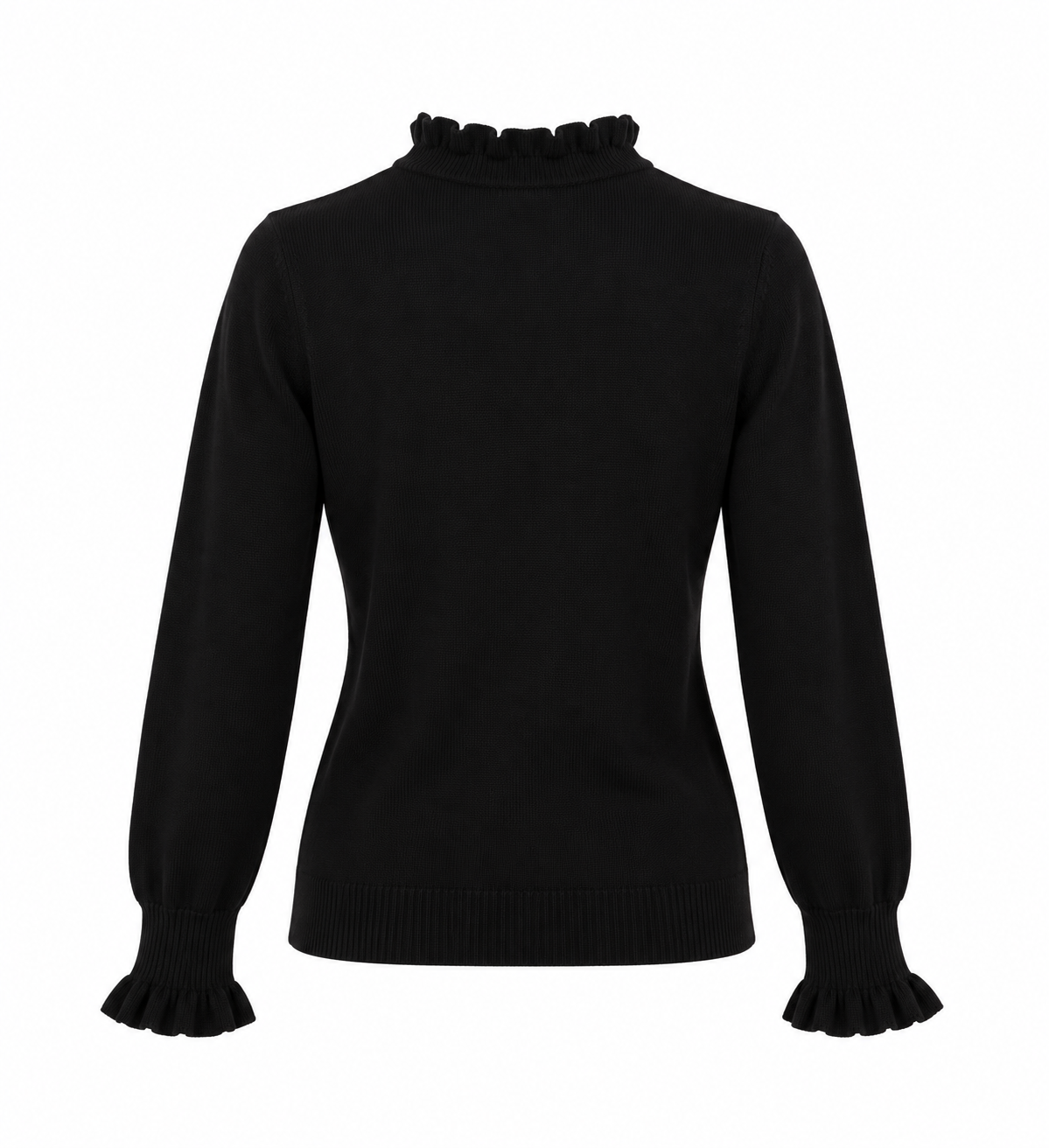 Jersey negro de mujer con volantes en cuello y puños