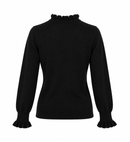 Jersey negro de mujer con volantes en cuello y puños