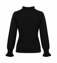 Jersey negro de mujer con volantes en cuello y puños