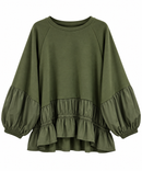 Conjunto de mujer verde militar de algodón con sudadera de volante y pantalón jogger