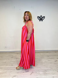 Vestido largo de rayas rosa y naranja con espalda de lazo