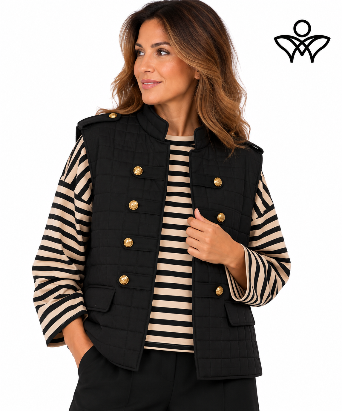 Chaleco acolchado Napoleón negro de mujer con botones dorados