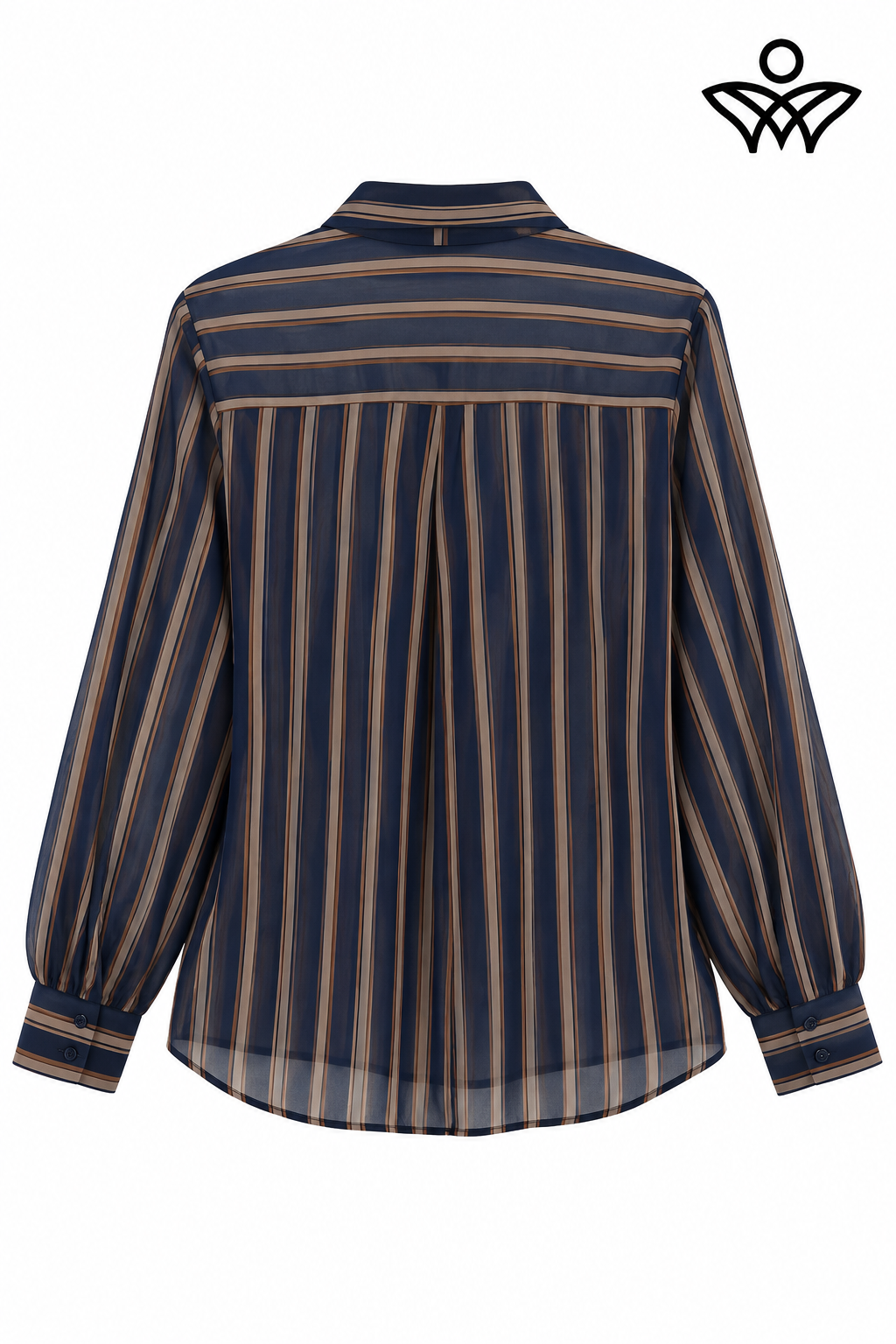 Camisa de gasa azul marino y beige de mujer con rayas y lazo