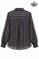 Camisa de gasa azul marino y beige de mujer con rayas y lazo