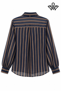 Camisa de gasa azul marino y beige de mujer con rayas y lazo