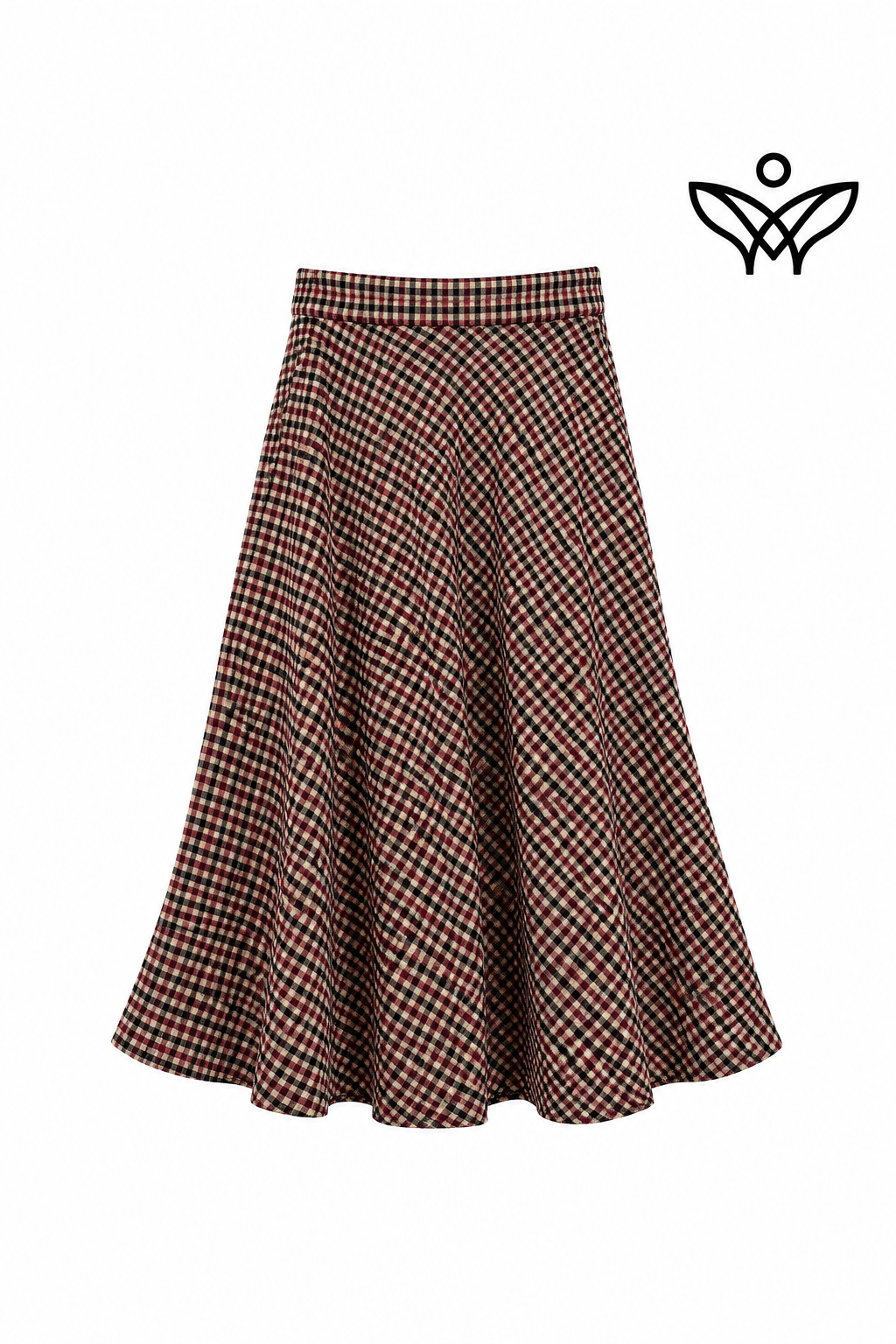 Falda midi de cuadros vichy burdeos y beige de lana con bolsillos
