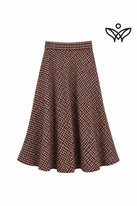 Falda midi de cuadros vichy burdeos y beige de lana con bolsillos