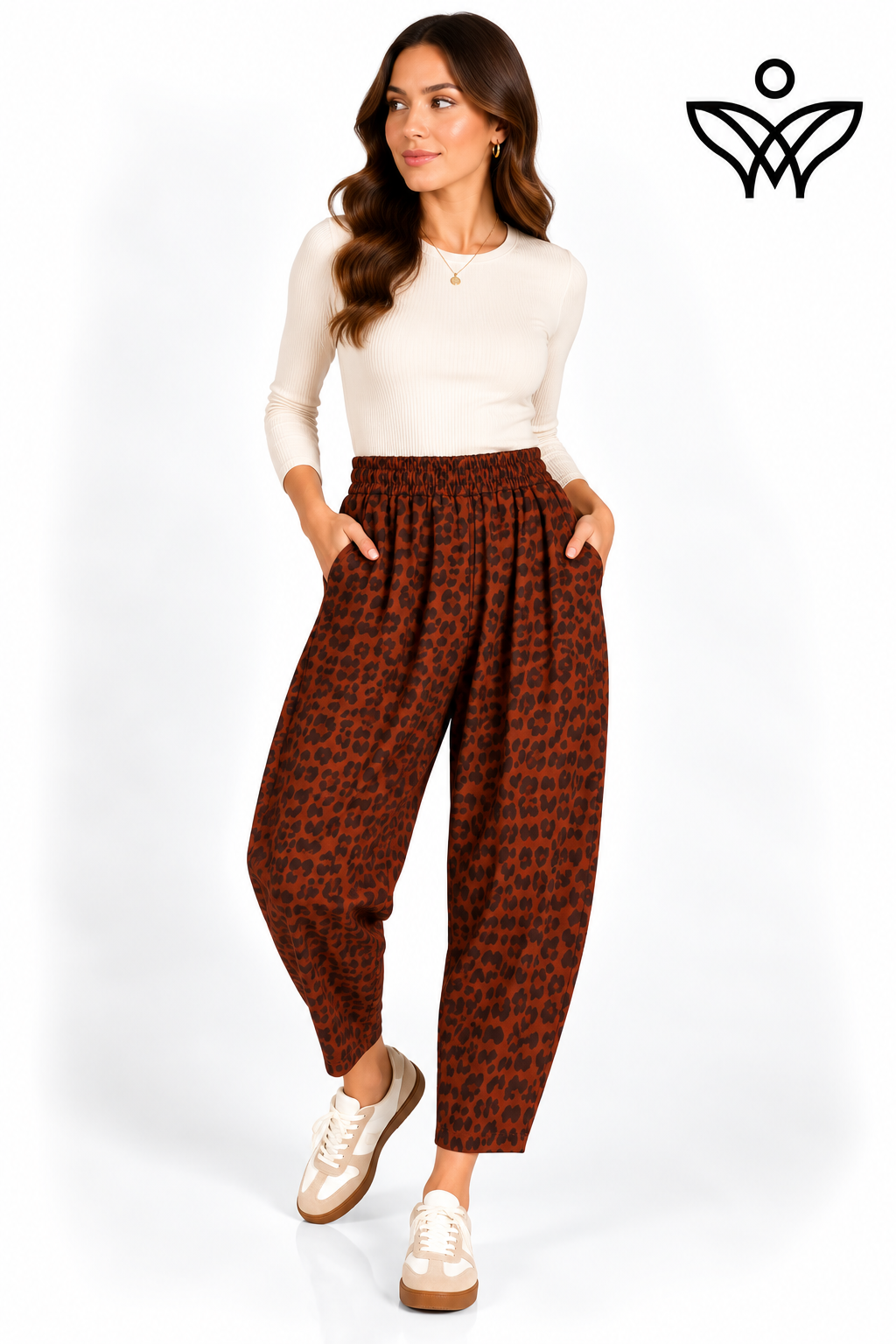 Pantalón balloon animal print teja con cintura elástica y bolsillos