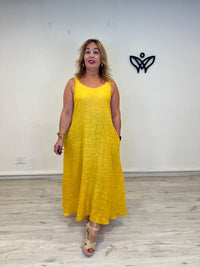 Vestido largo de lino con bolsillos amarillo