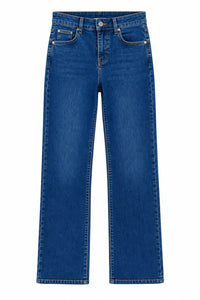 Pantalón denim vaquero elástico tiro alto corte recto push up azul
