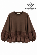Conjunto de mujer marrón chocolate de algodón con sudadera de volante y pantalón jogger