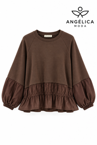 Conjunto de mujer marrón chocolate de algodón con sudadera de volante y pantalón jogger