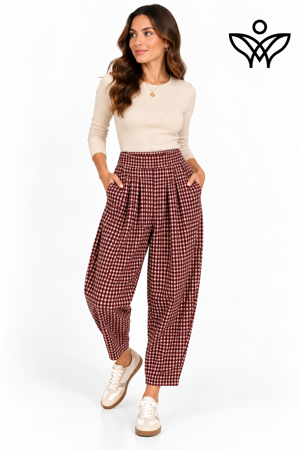Pantalón balloon burdeos de cuadros vichy con botones