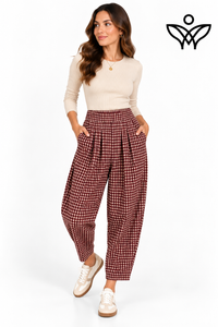Pantalón balloon burdeos de cuadros vichy con botones