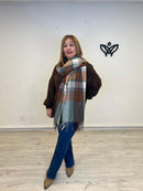 Bufanda amorosa de cuadros con flecos en marrón y beis