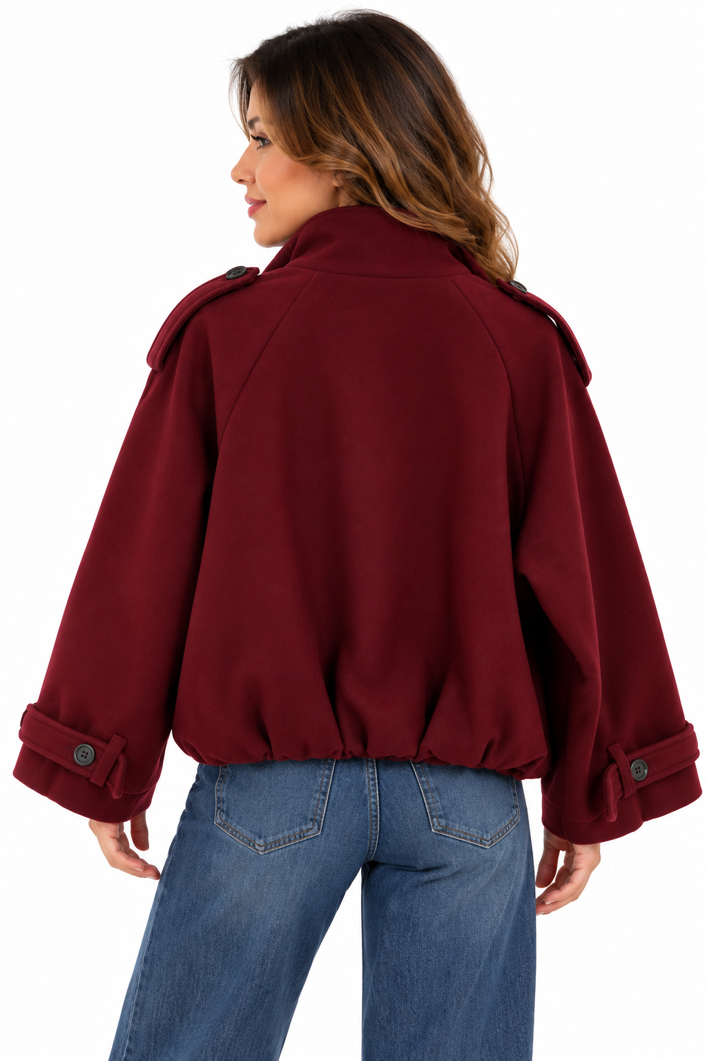 Chaquetón de paño burdeos para mujer, forrado y con botones