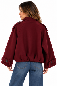 Chaquetón de paño burdeos para mujer, forrado y con botones
