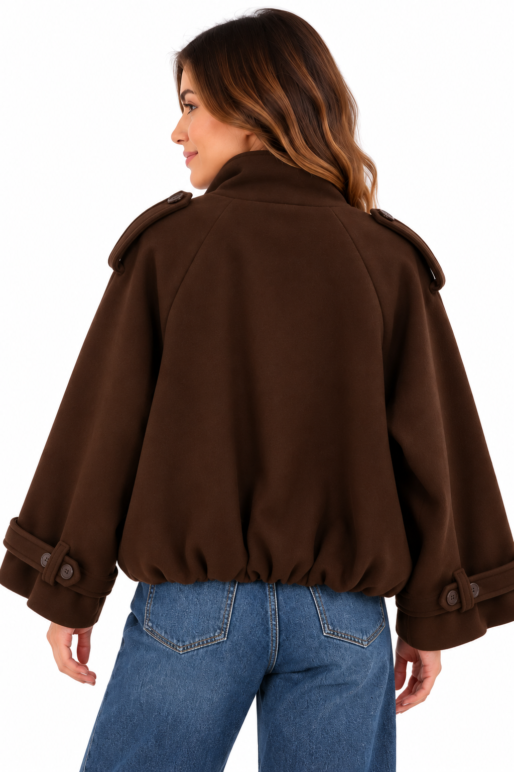 Chaquetón de paño marrón chocolate para mujer, forrado y con botones corto