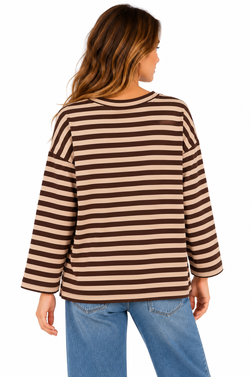 Sudadera de mujer a rayas beige y marrón chocolate con corazón rojo