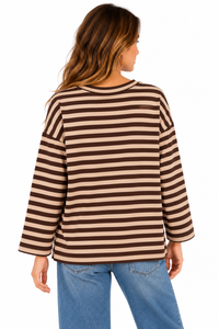 Sudadera de mujer a rayas beige y marrón chocolate con corazón rojo