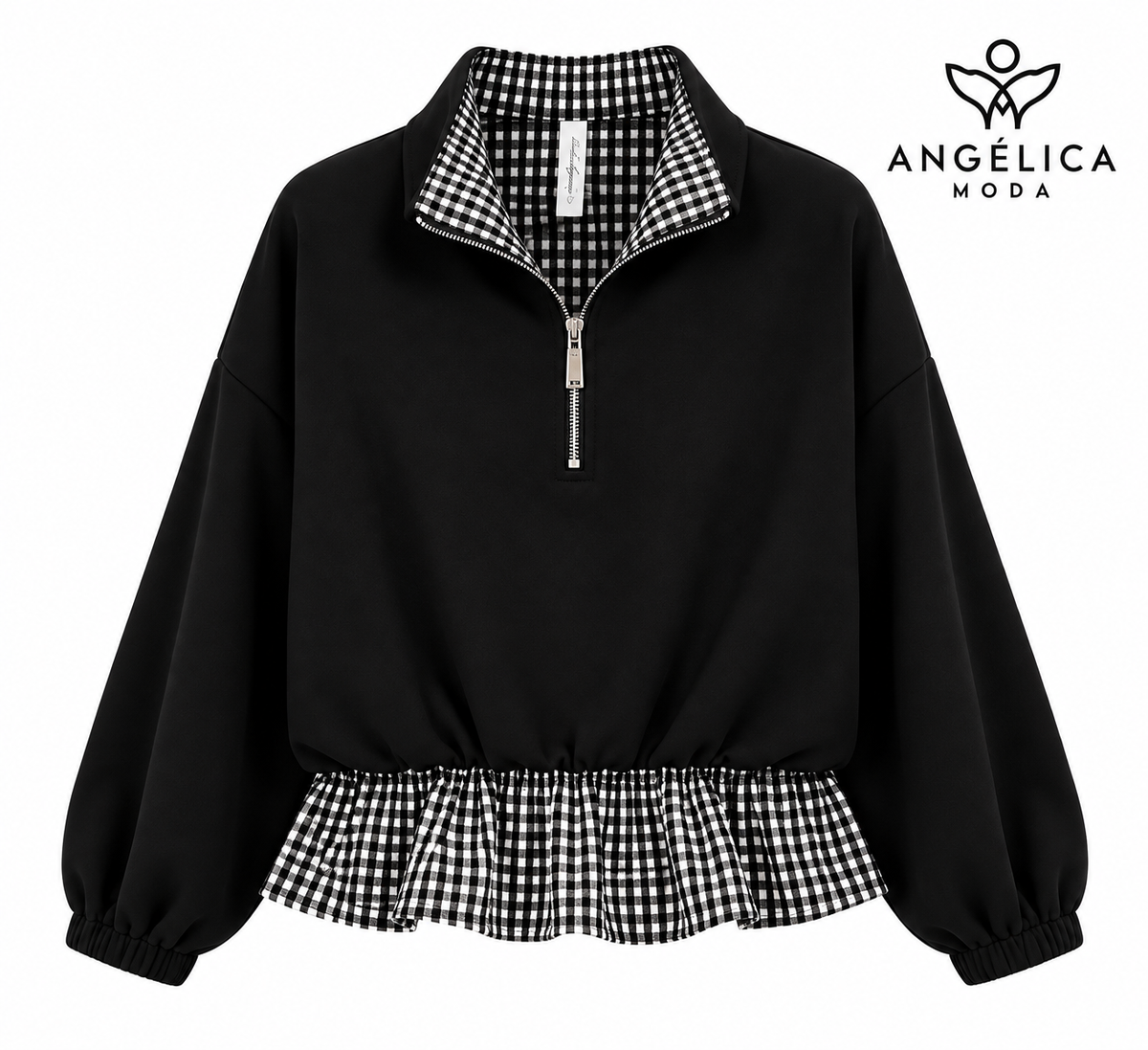 Conjunto de mujer negro de algodón con sudadera de cuadros y pantalón ancho